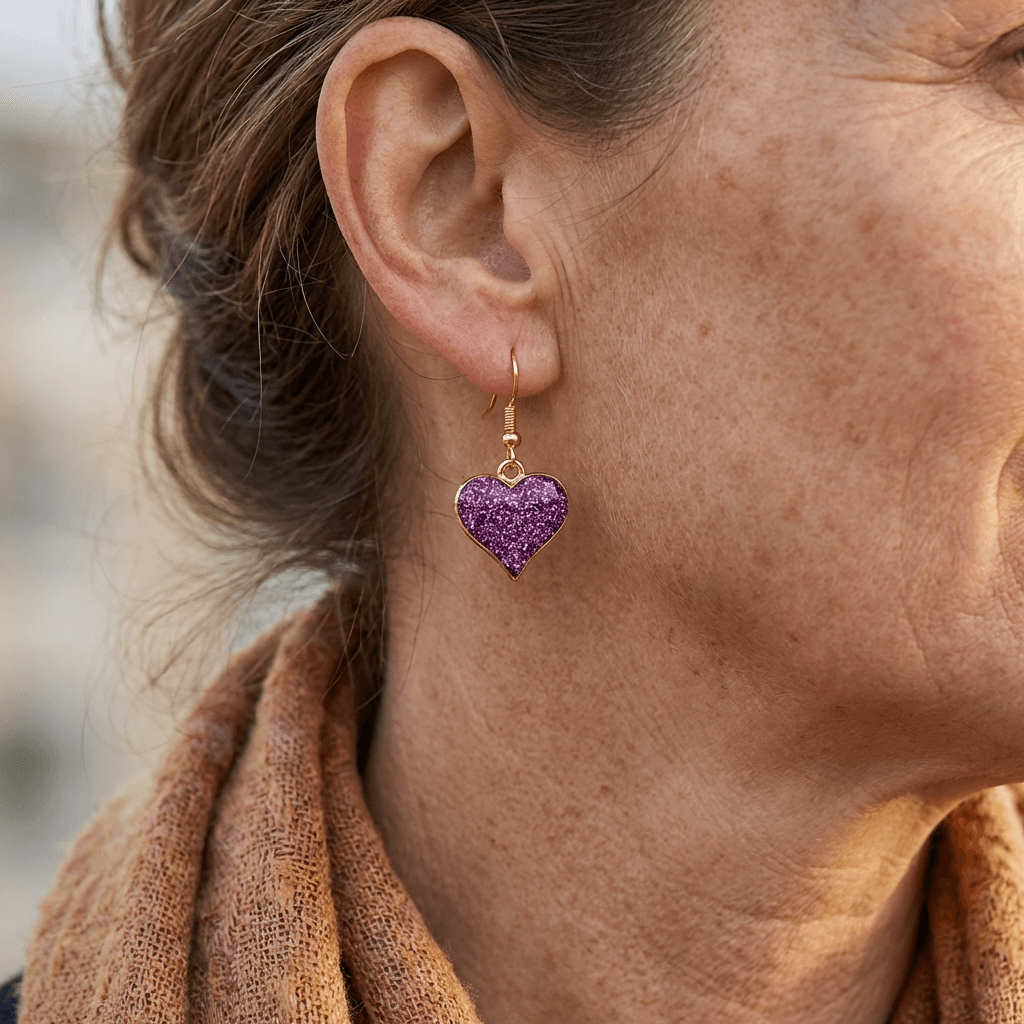 Elegante paarse oorhangers met glitterhart