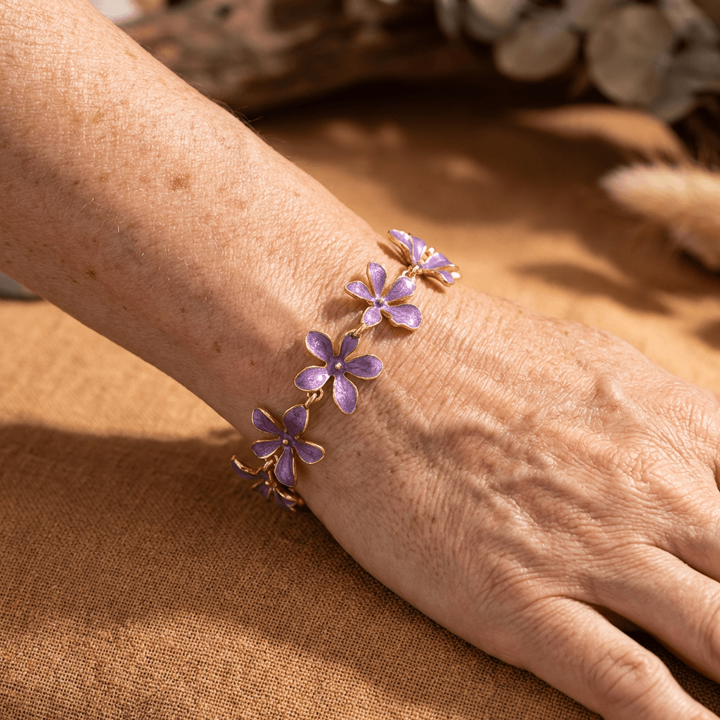 Vintage vergulde armband met paarse emaille bloemen