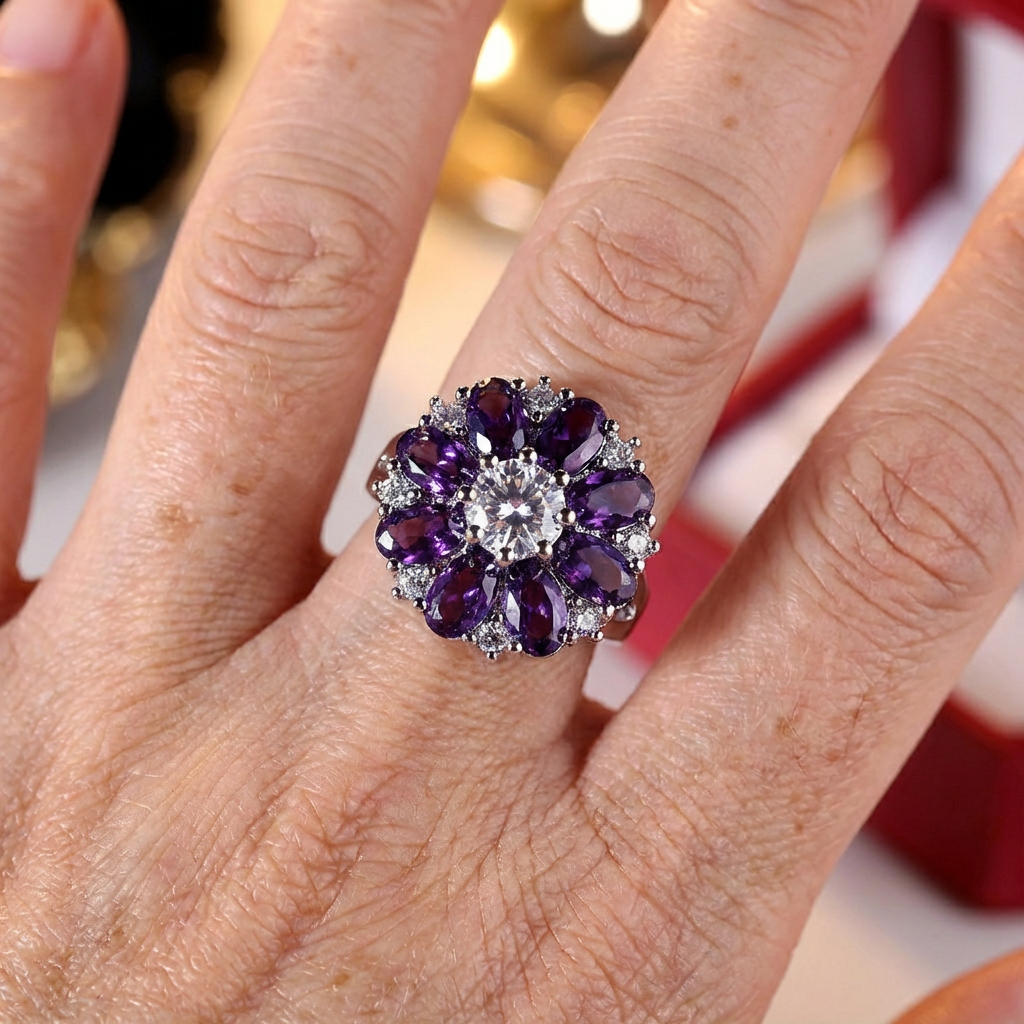 Elegant Stylish Purple Zirconia Flower Ring