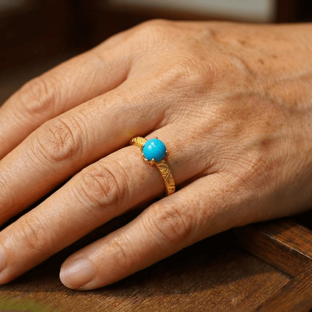 Elegante goudkleurige ring met gladde turkooizen edelsteen