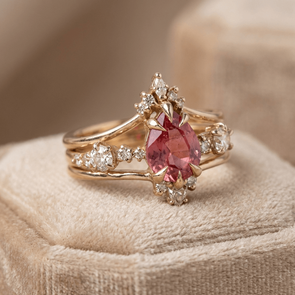 Elegante goudkleurige ring met kristallijne granaat