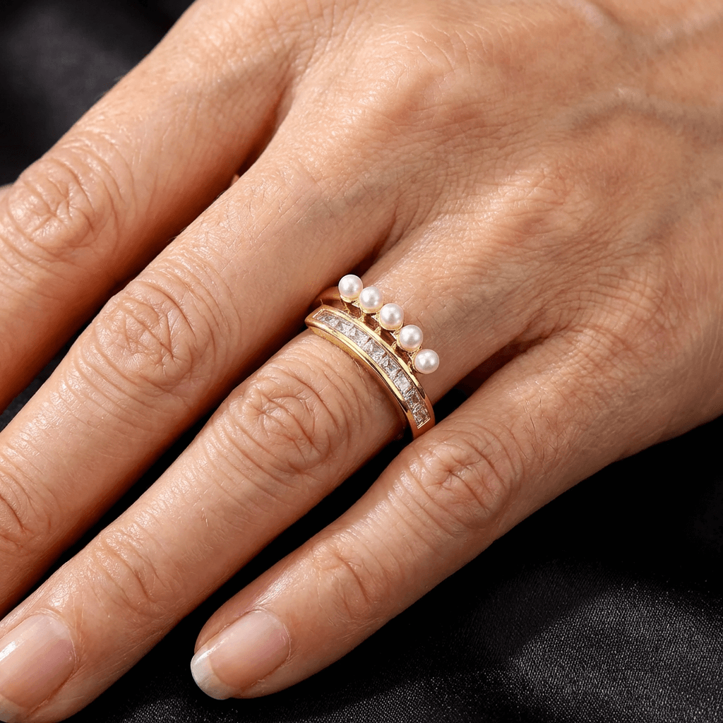 Vintage open ring met zirkonia en parel