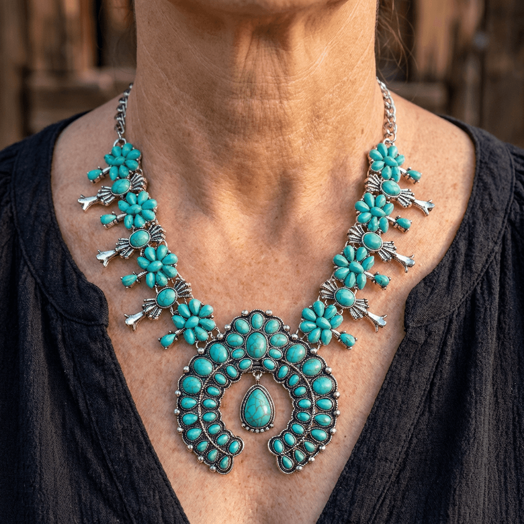 Elegante bohemien legering ketting met turkooizen bloemhanger