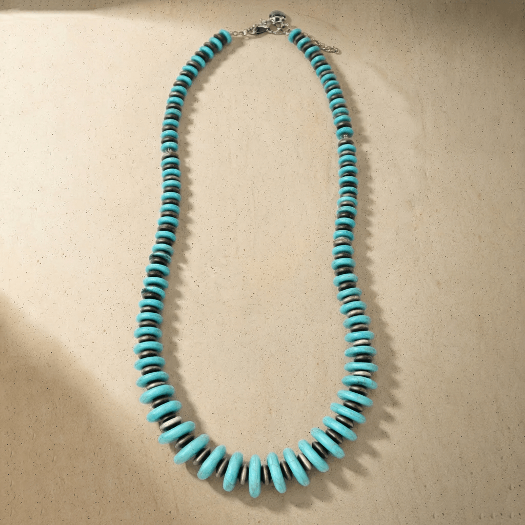Elegante vintage boho kralenketting met turkooizen schijfjes