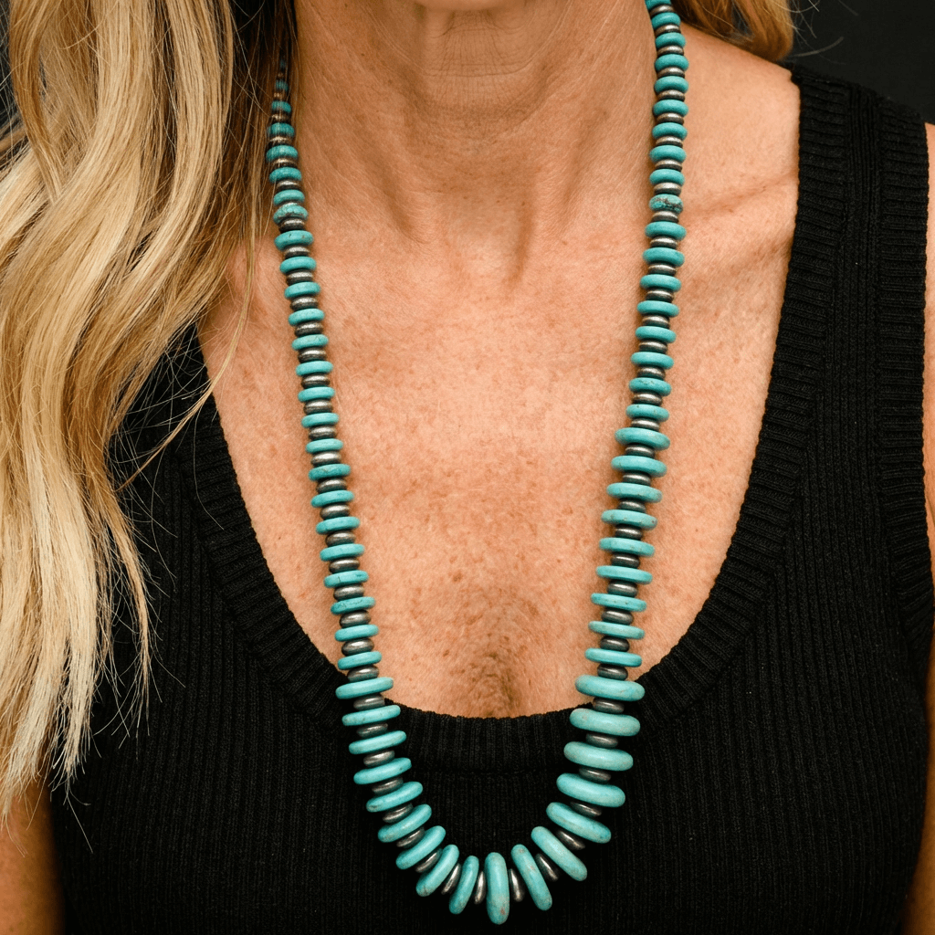 Elegante vintage boho kralenketting met turkooizen schijfjes