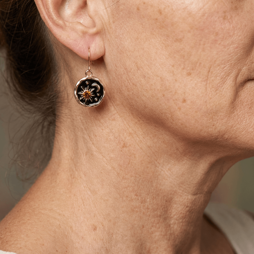 Vintage ronde strass oorbellen met zon, maan en ster