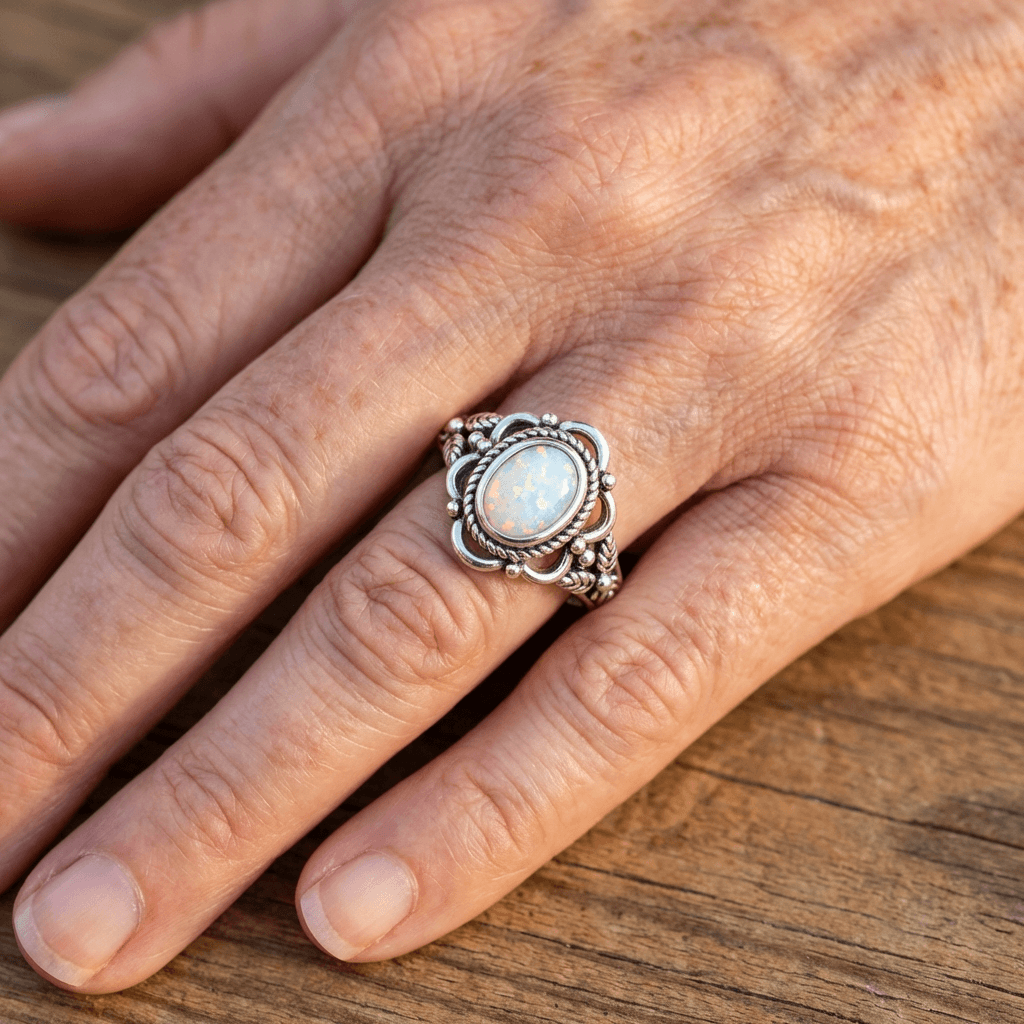 Elegante vintage verzilverde bladring met opaal en strass