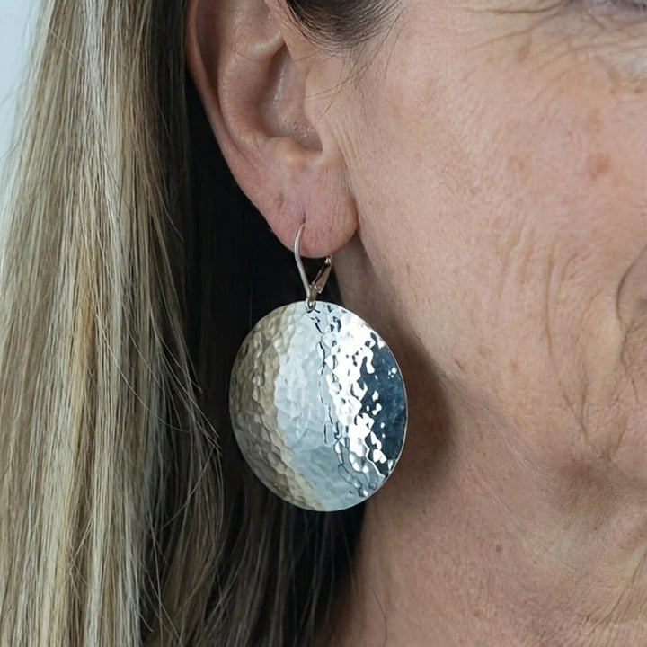 Vintage Hammered Large Disk Dangle Circle Earrings