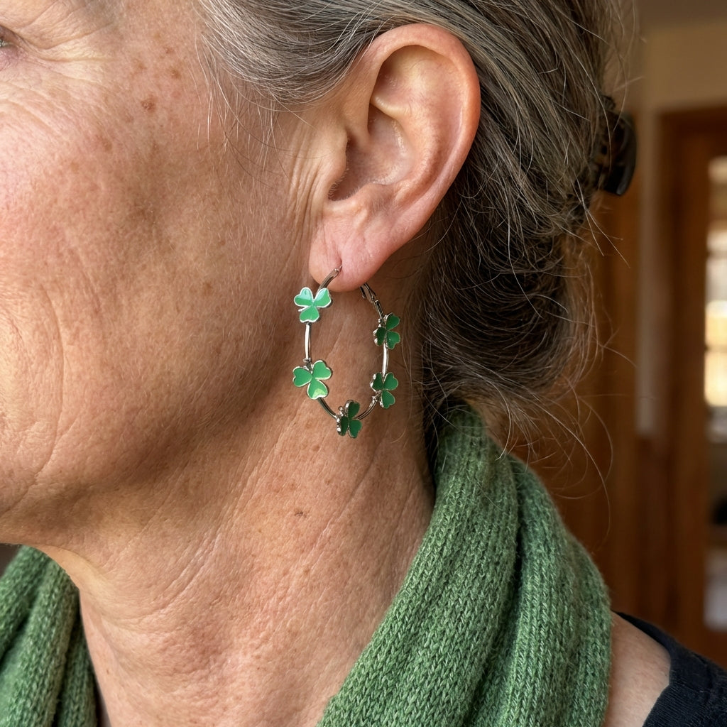 Vintage bohemien verzilverde oorringen met groen bloemmotief