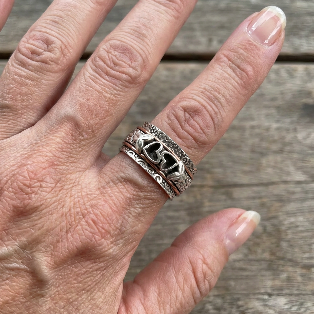Vintage verzilverde spinner ring met vlinder en hart