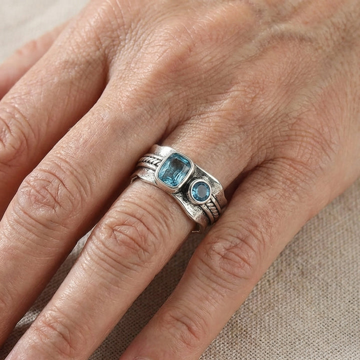 Minimalist Retro Design Geometric Blue Zirconia Ring