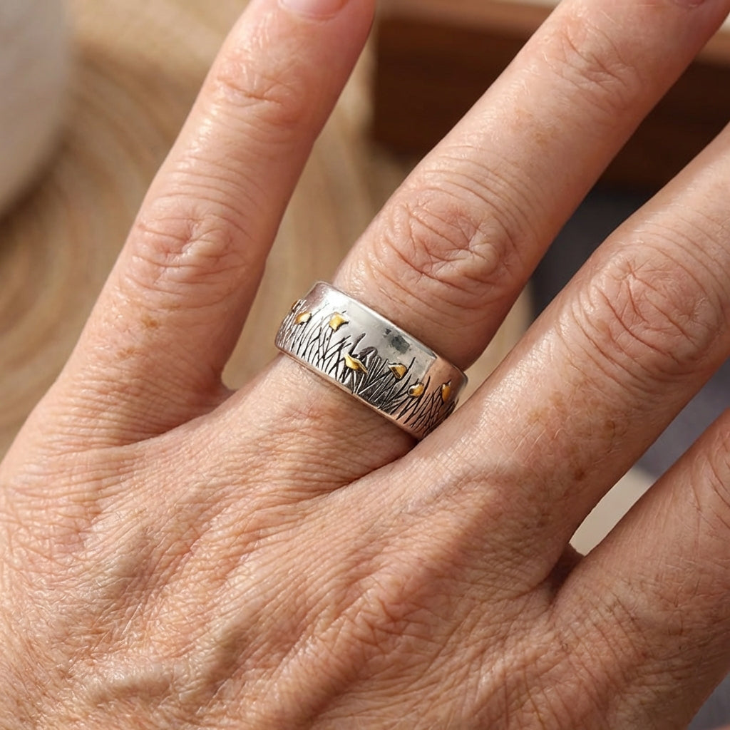 Retro etnische tweekleurige ring met bloem en gras