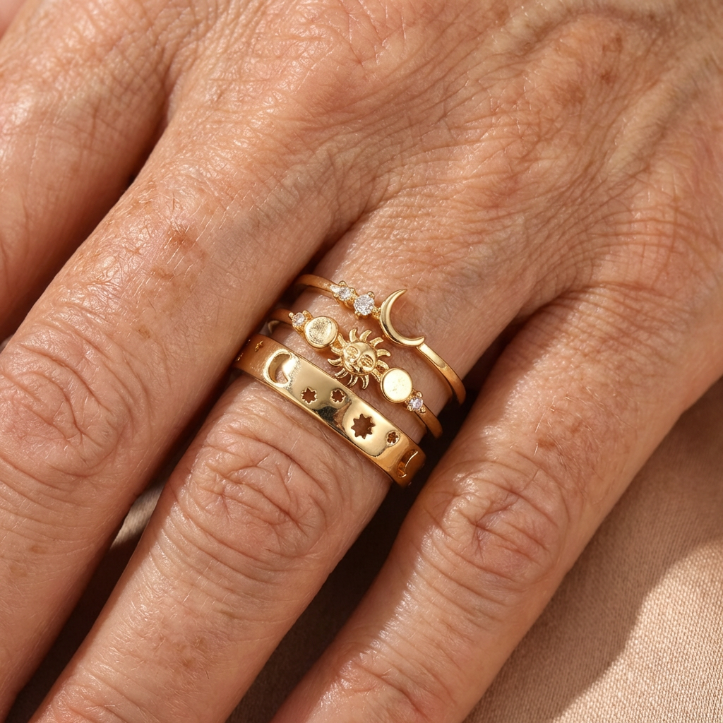 Vintage Style Half Moon Inlaid Zirconia Stackable Ring Set