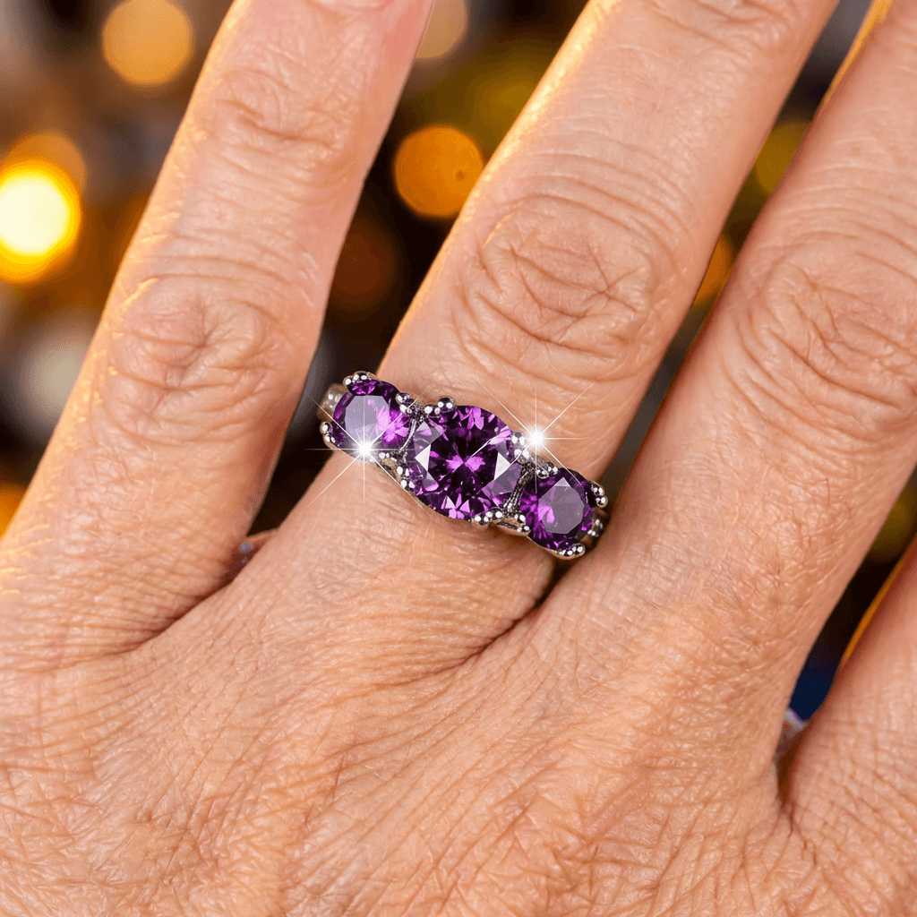 Vintage ring met drie ronde paarse zirkonia's
