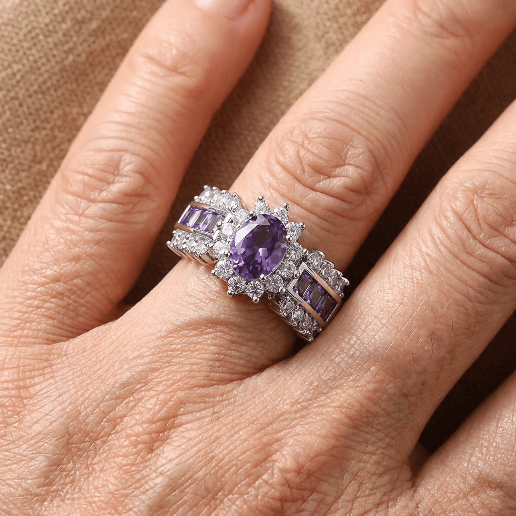 Vintage Boho Silver Purple Oval Zirconia Stone Rings