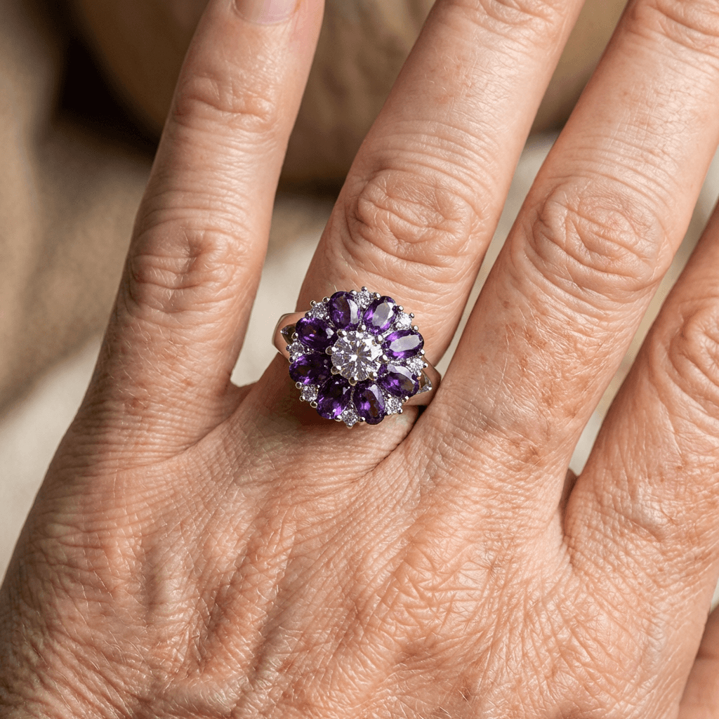 Elegante stijlvolle bloemenring met paarse zirkonia