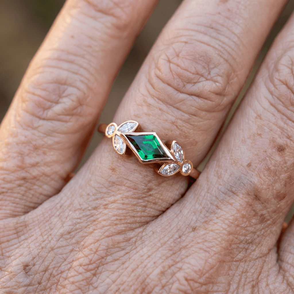Elegant Leaf Shaped Accents Green Cubic Zirconia Ring