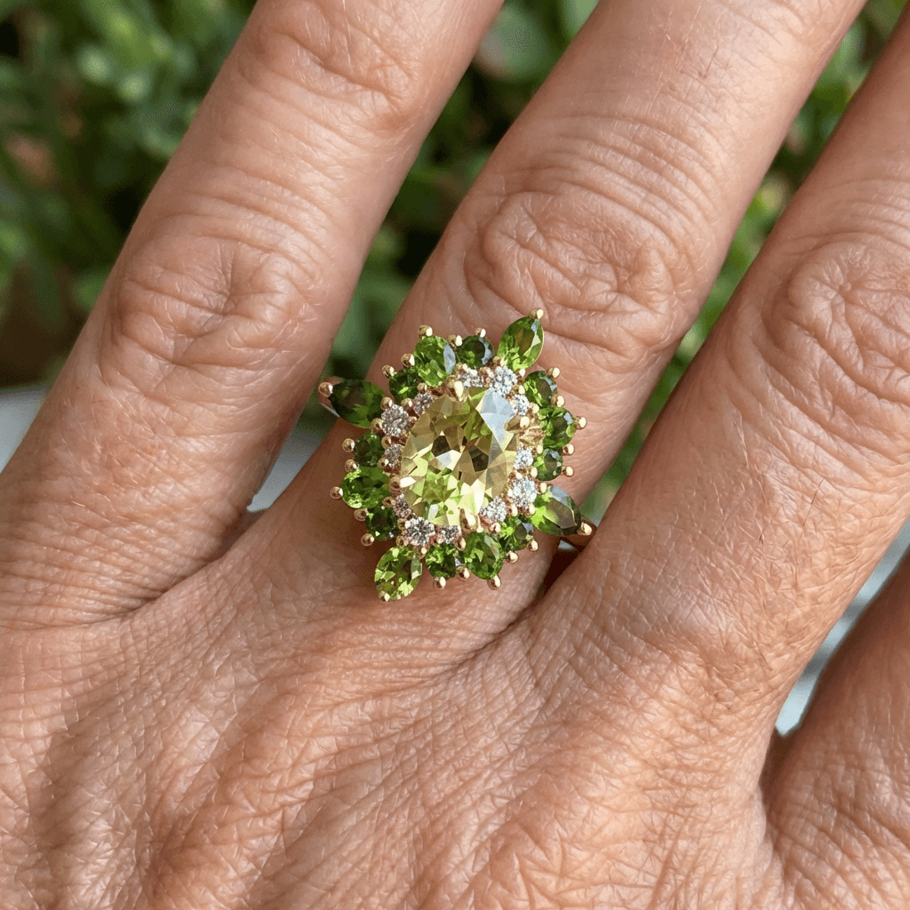 Elegante vintage tweekleurige ring met groene zirkonia