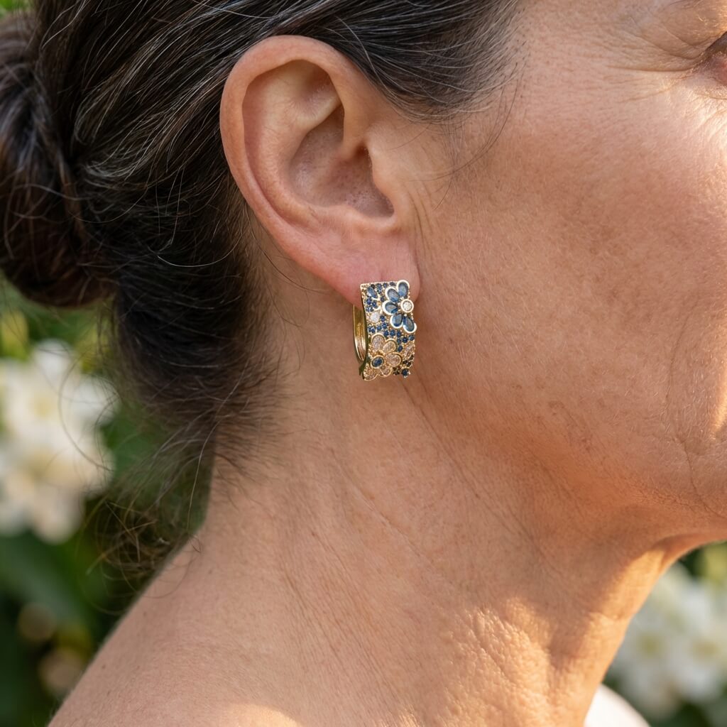 Vintage oorringen met meerkleurige zirkonia bloemen