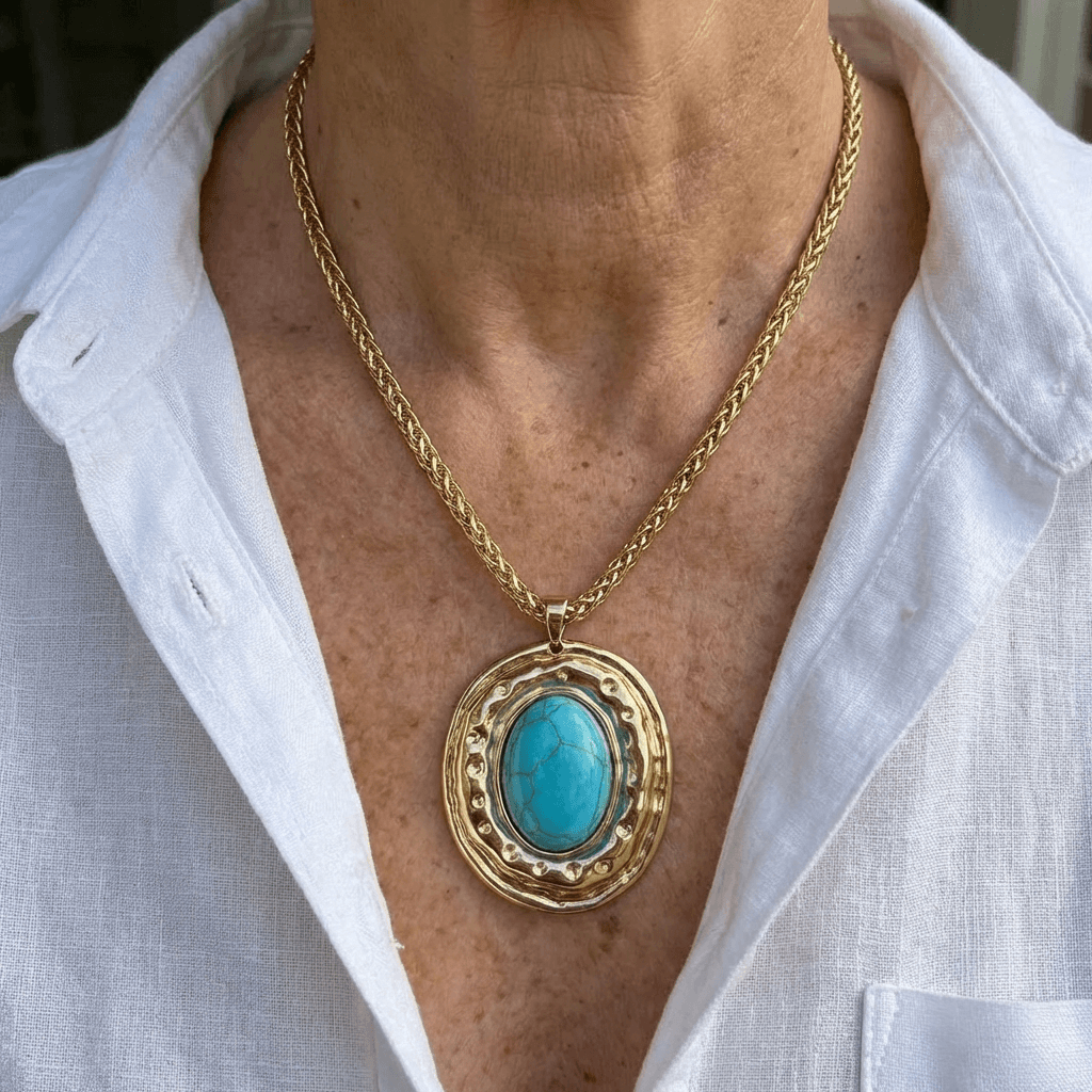 Vintage slangenhuid schakelketting met ovale imitatie turkooizen hanger