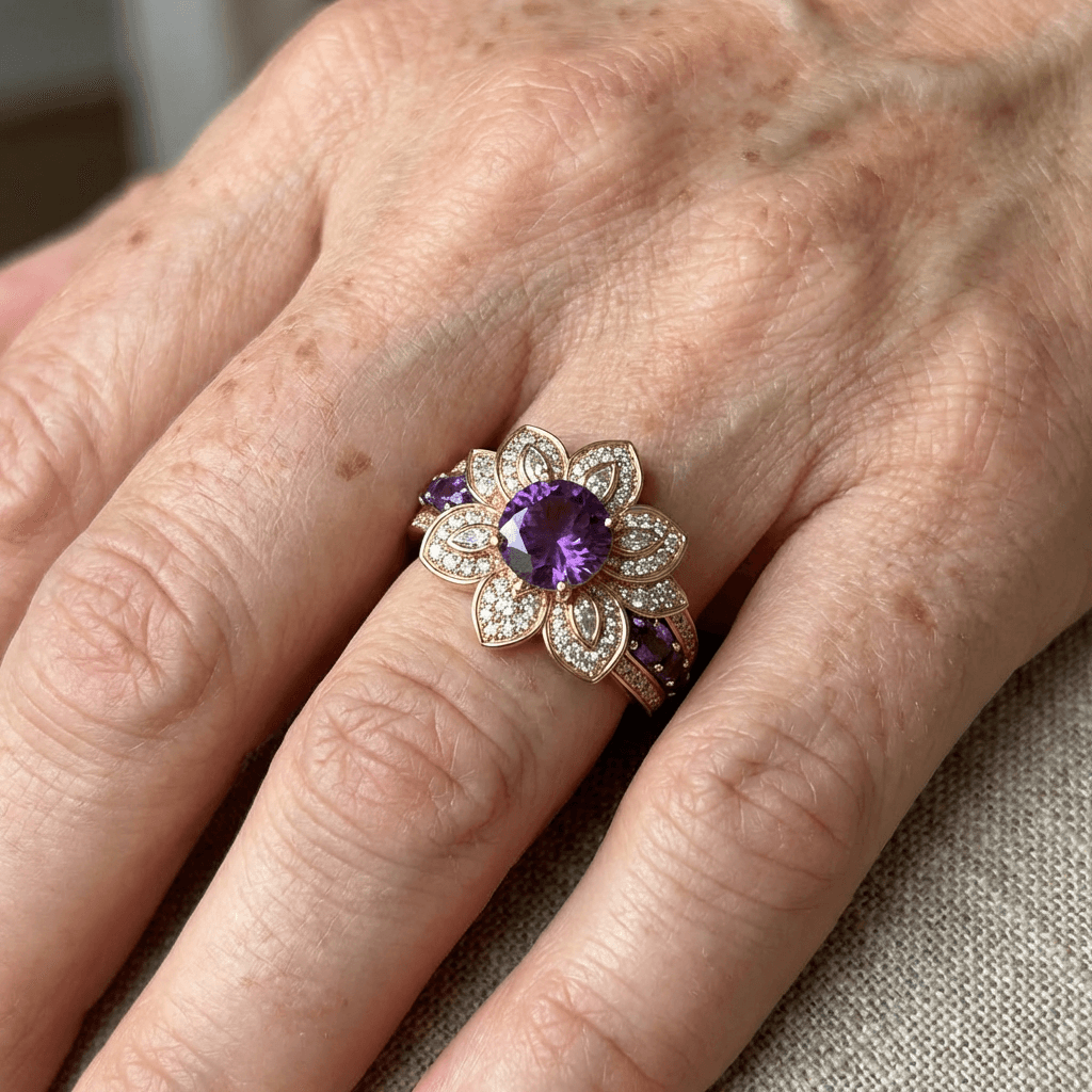 Elegant Gold Floral Purple Crystal Ring