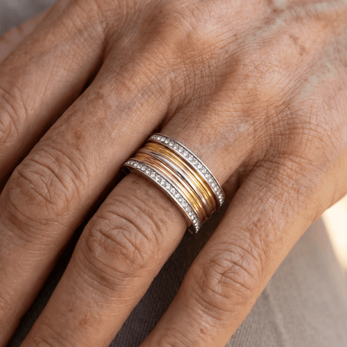 Vintage tweekleurige goud- en zilverkleurige ring met kristal