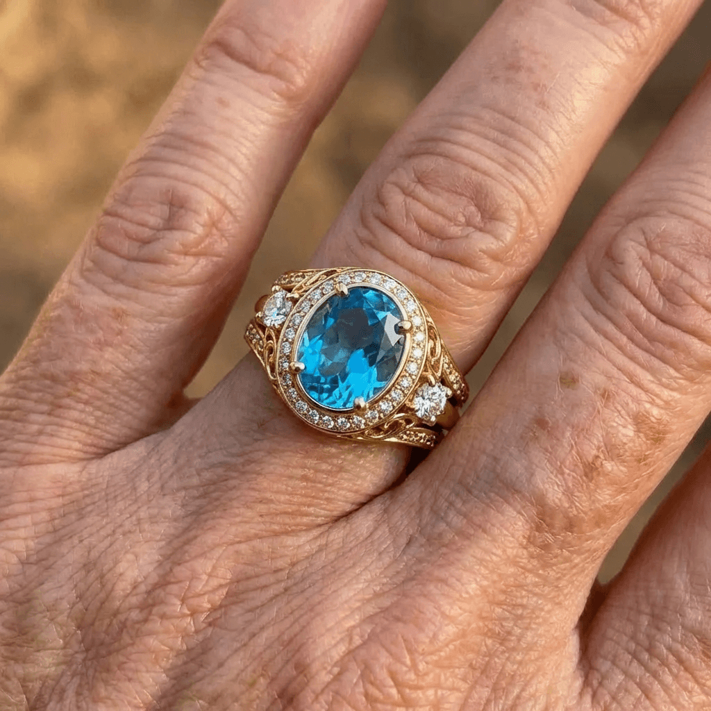 Elegante vergulde ring met blauwe zirkonia kristallen