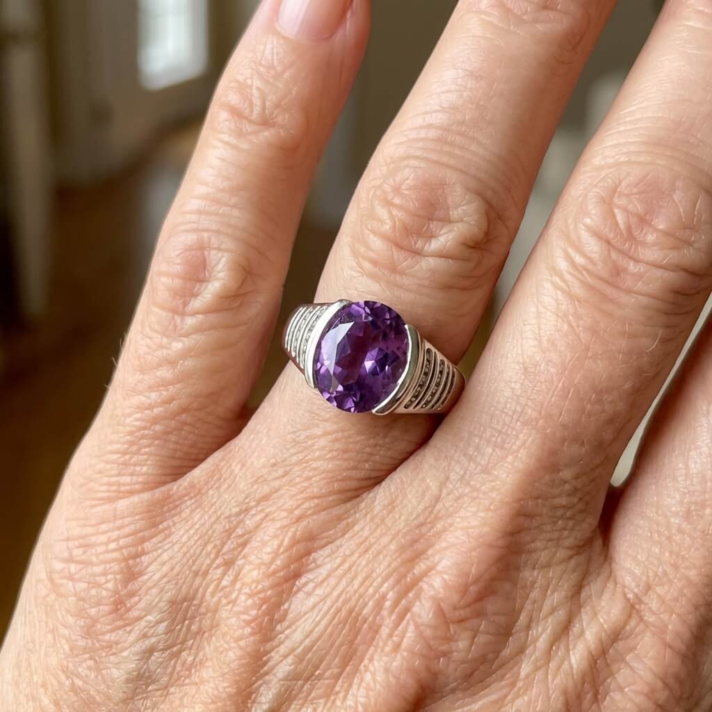 Stylish Silver Plated Round Purple Zirconia Ring