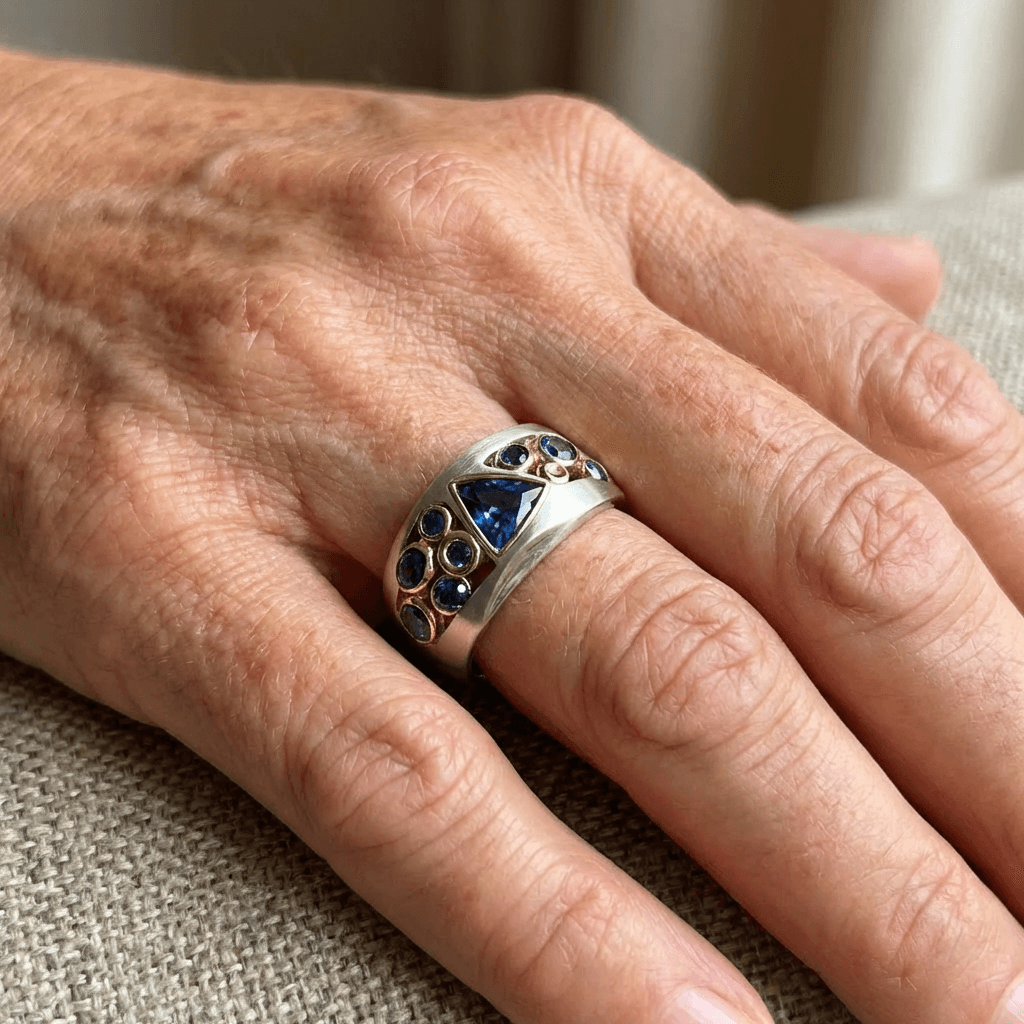 Elegante zilver- en goudkleurige geometrische ring met blauwe zirkonia kristallen