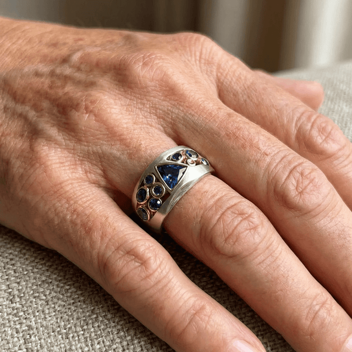 Elegant Silver & Gold Blue Geometric Zirconia Crystal Ring
