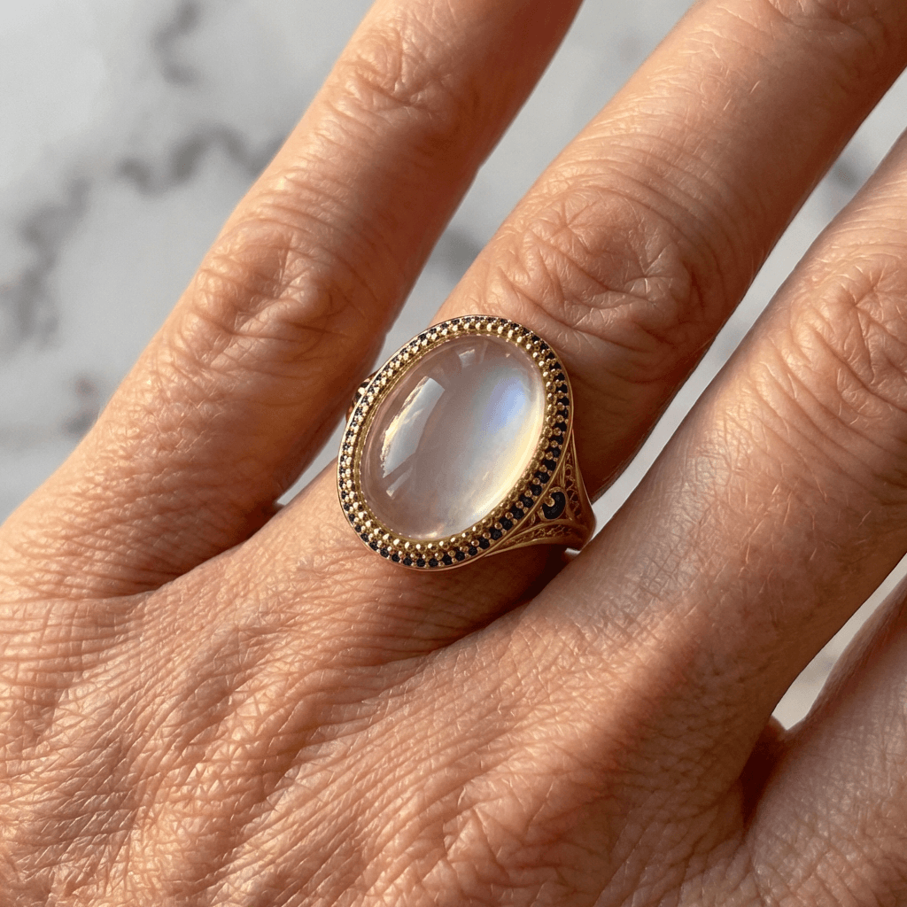 Vintage retro vergulde statement ring met ovale steen