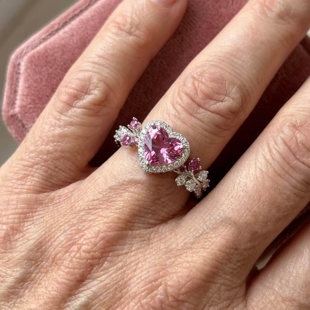 Elegante verzilverde ring met roze zirkonia kristallen hart