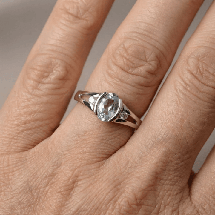 Elegant Silver Plated Oval Light Blue Stone Ring
