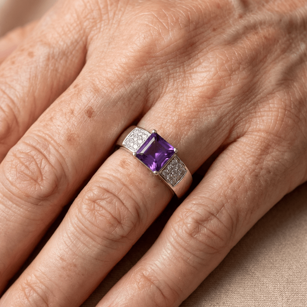 Retro zilverkleurige vierkante paarse zirkonia kristallen ring