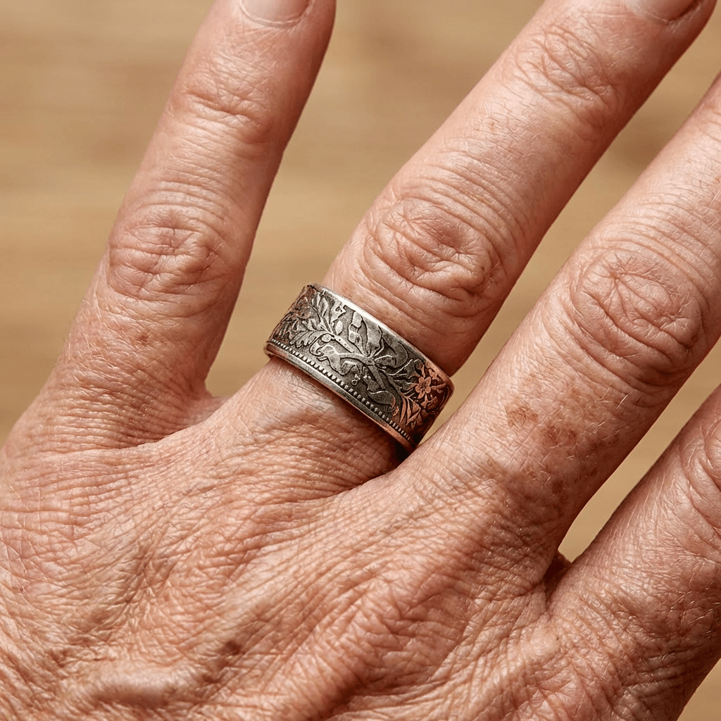 Vintage verzilverde ring met sneeuwvlok- en muntpatroon