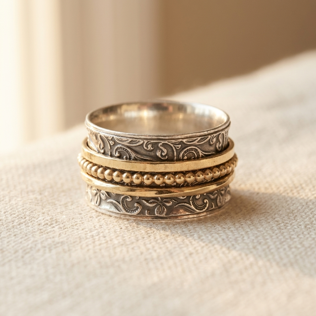 Vintage-geïnspireerde zilver- en goudkleurige spinner statement ring