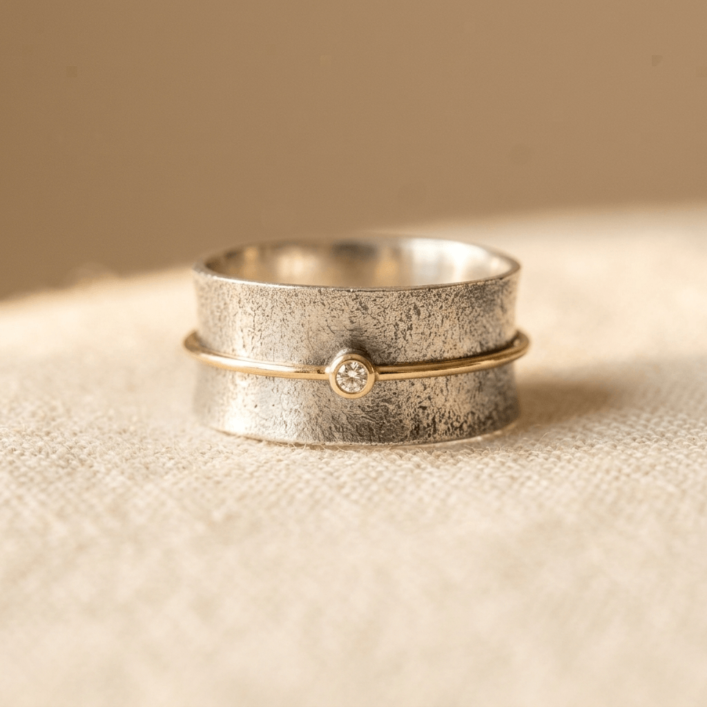 Minimalistische zilverkleurige ring met goudkleurig diamantaccent