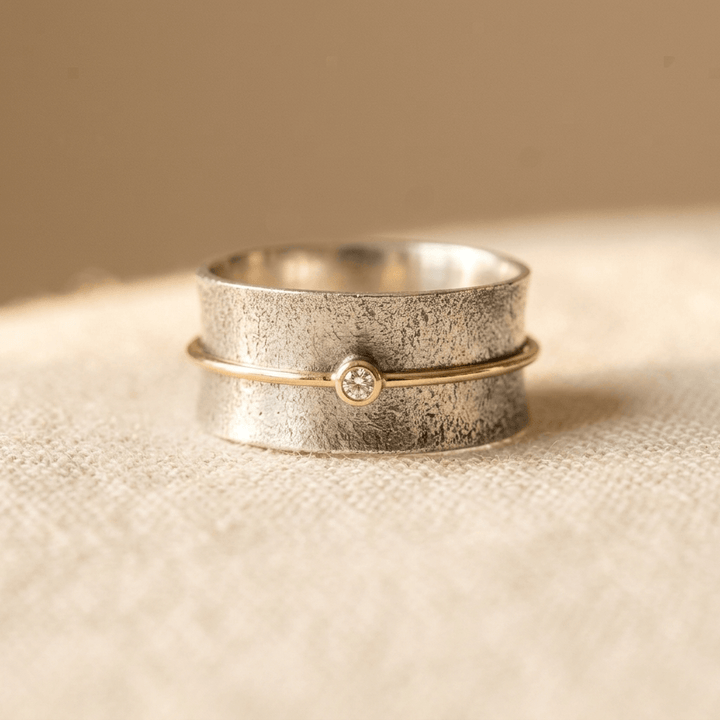 Minimalist Silver Band with Gold Diamond Accent Ring