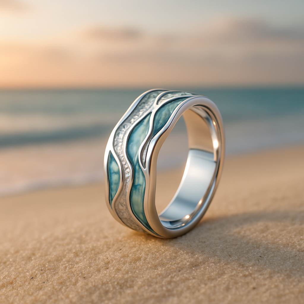 Elegante zilverkleurige golvenring met turkoois