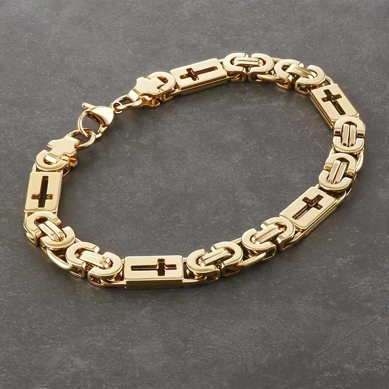 Brede goudkleurige armband met Byzantijnse schakel