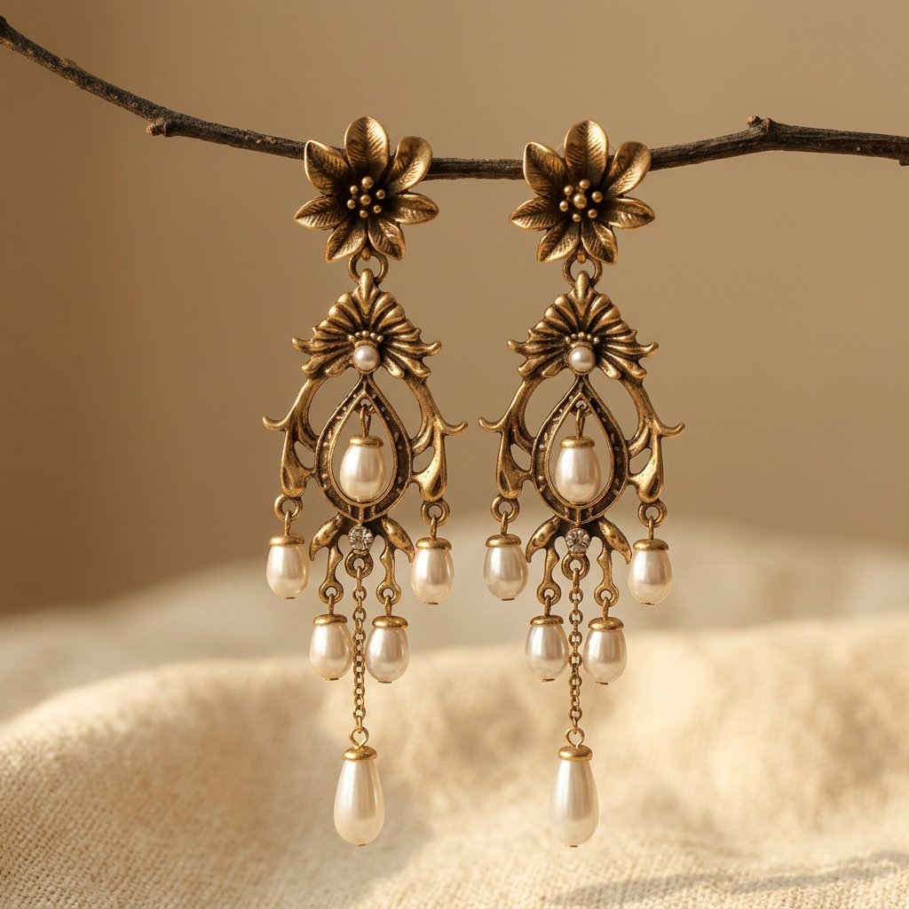 Vintage bloem oorhangers met imitatieparel en kwastje
