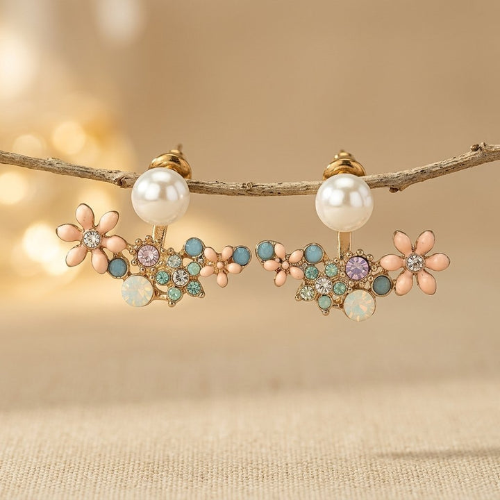 Floral Synthetic Pearl Golden Earrings