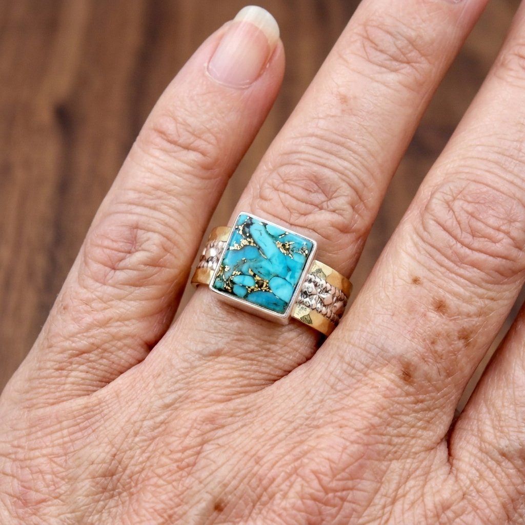 Vintage vierkante ring met turkoois