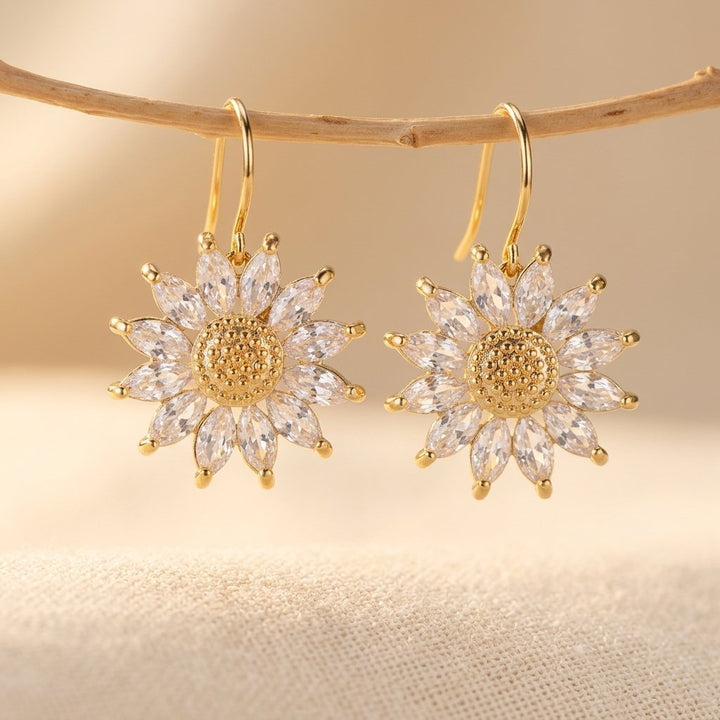 Silvery Sunflower Dangle Studs Earrings