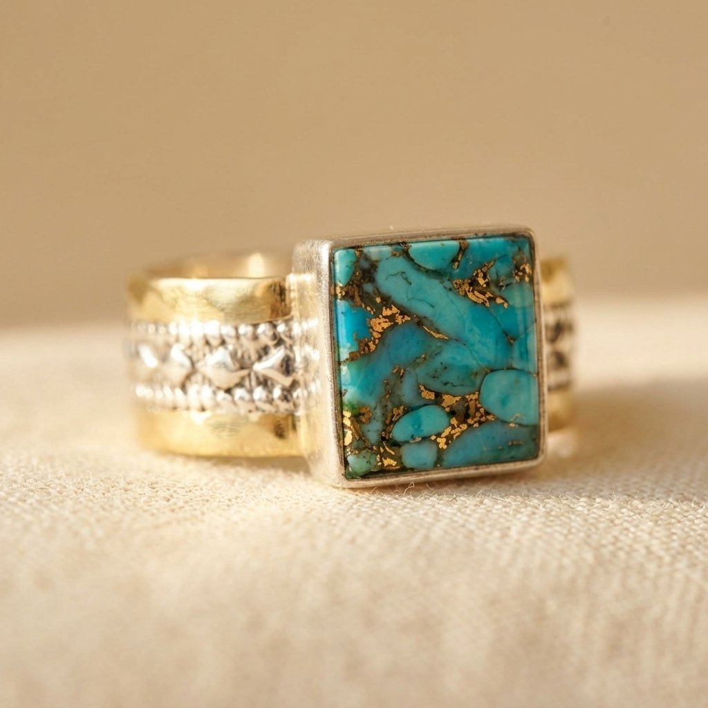 Vintage vierkante ring met turkoois