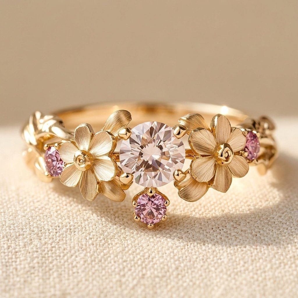 Vintage bloemenring met rond geslepen zirkonia
