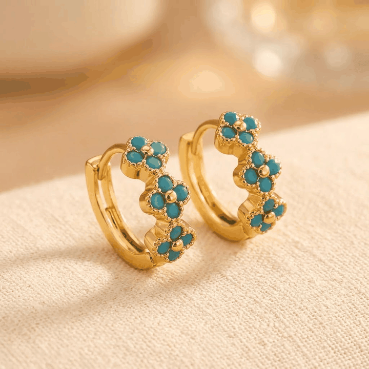 Classic Turquoise Flower Gold-Plated Hoop Earrings