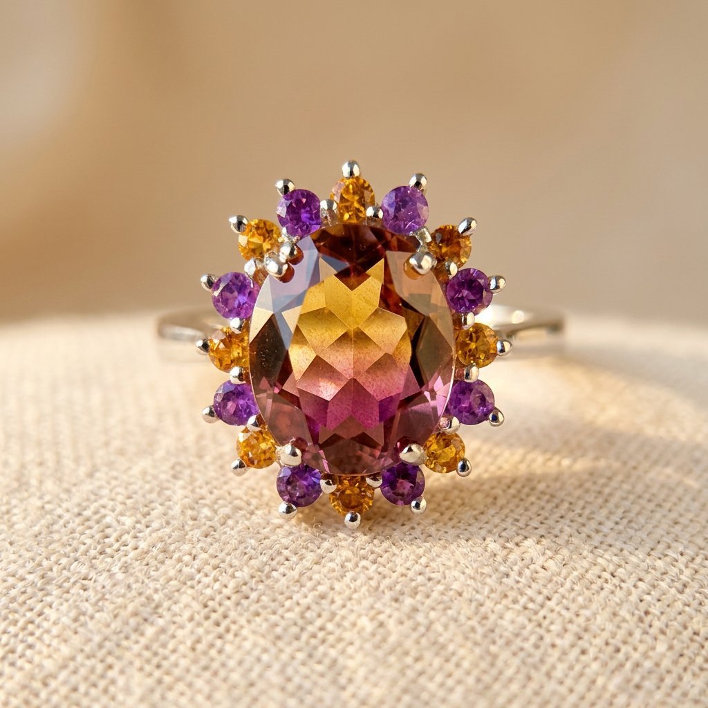 Tweekleurige paarse en gele kristallen statement ring