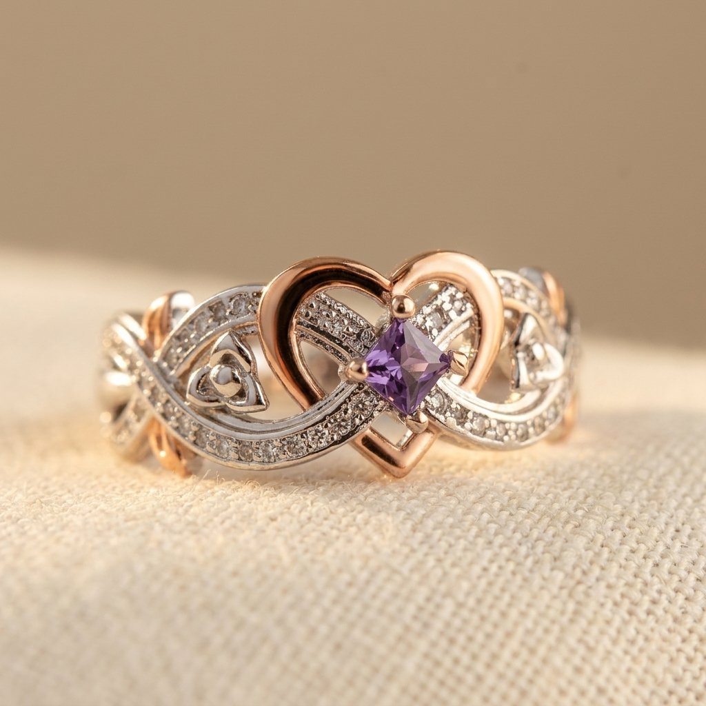 Tweekleurige ring met Keltisch hart en paarse steen