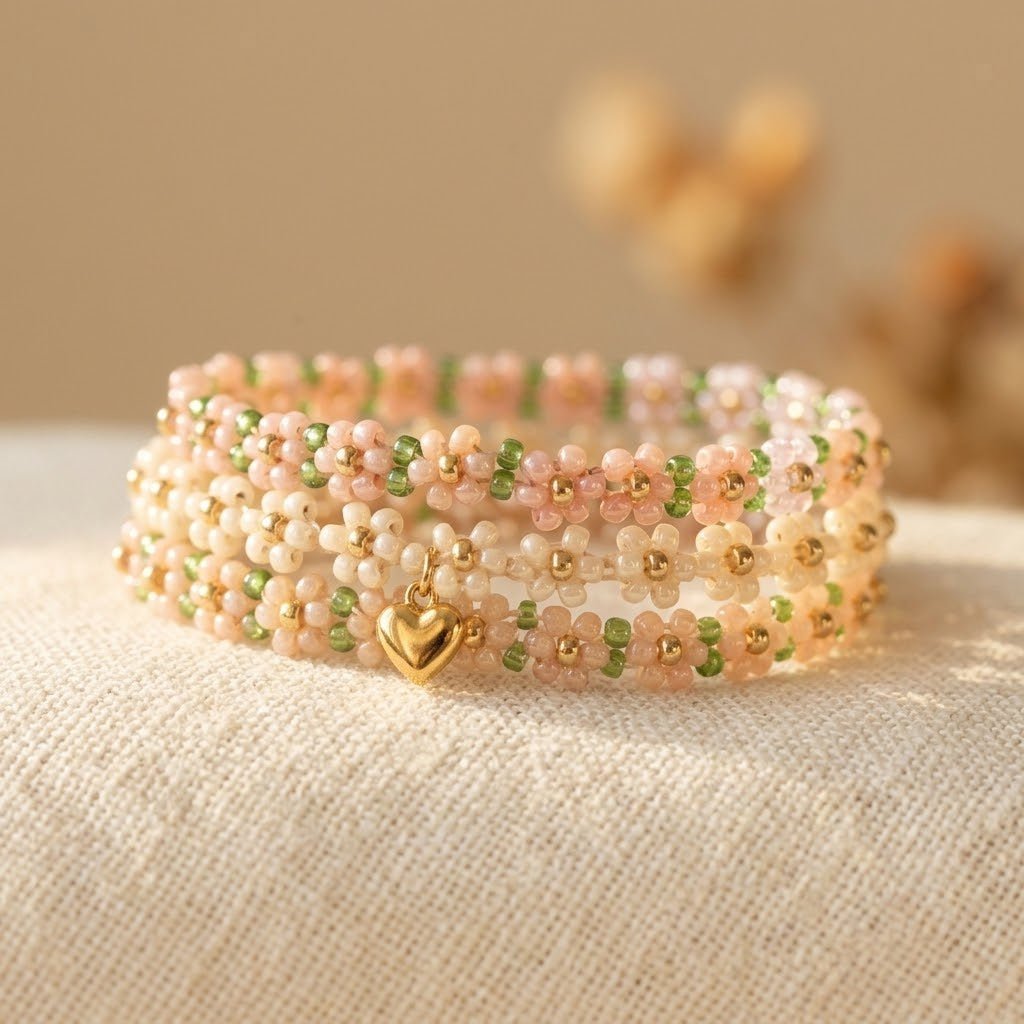 Goudkleurige armband met madeliefje en hart